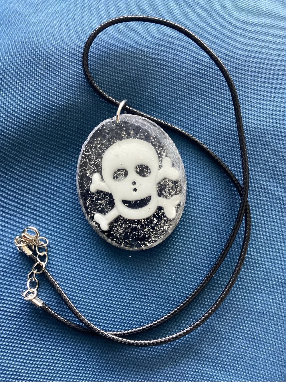 Handmade Black Glitter Skull Necklace & Earrings Set for Halloween